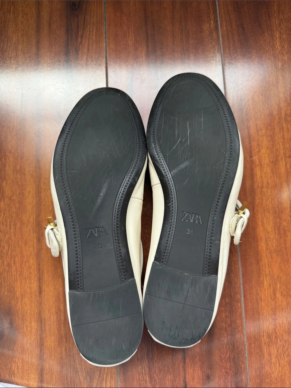 ZARA Cream Mary Jane Flats with Gold Buckle Detail leather